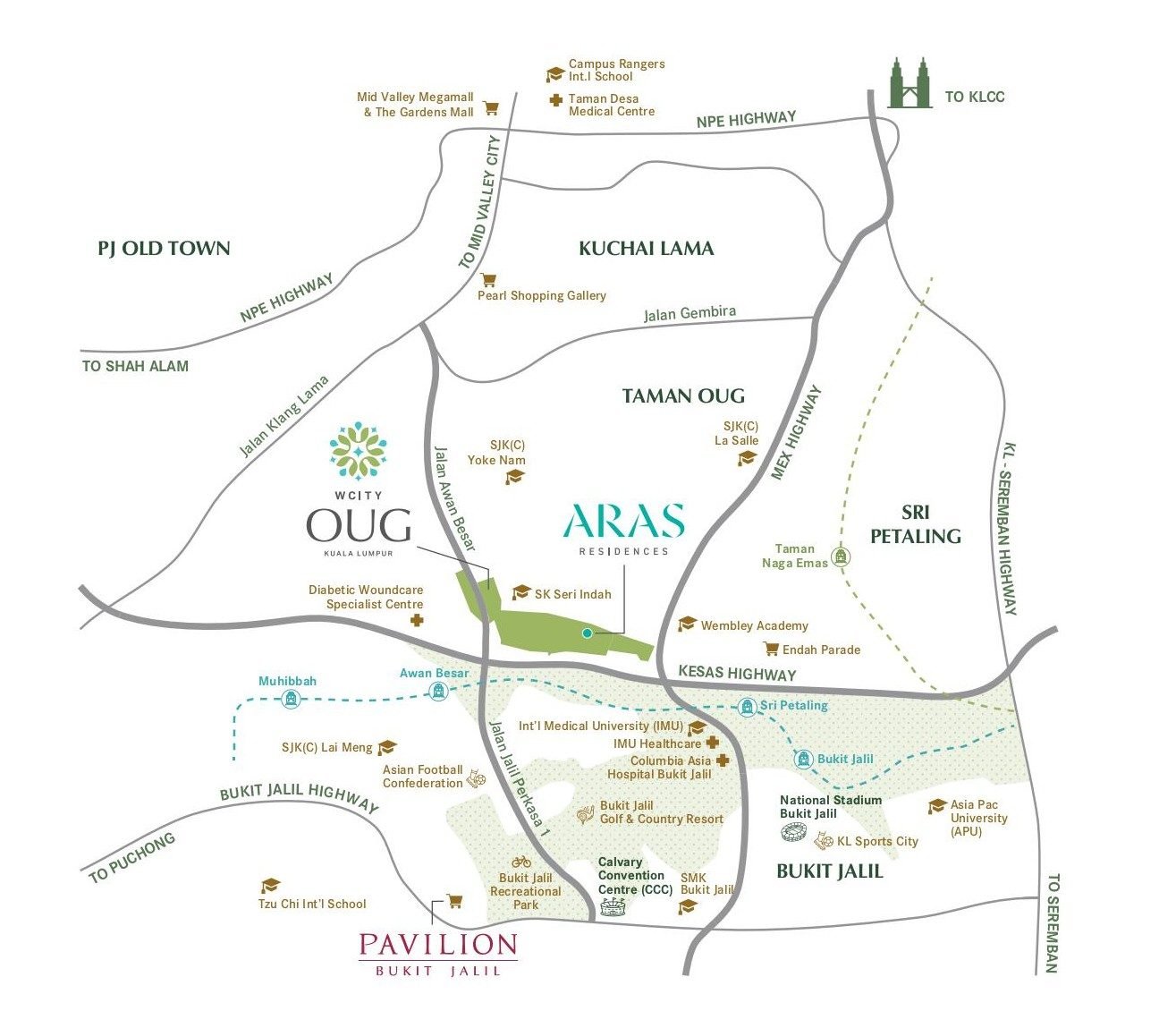 Aras Residences location map of WCity OUG near Bukit Jalil, Sri Petaling and Kuchai Lama