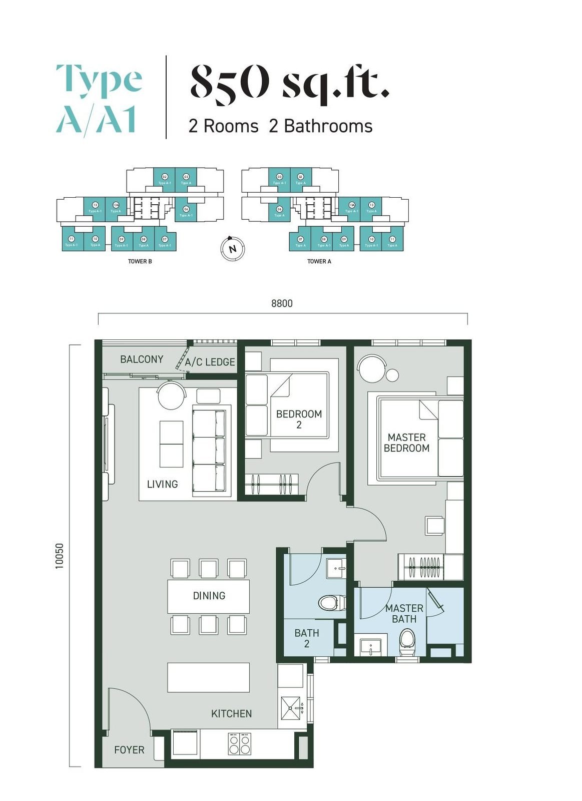 Aras Residences Type A / A1 floor plan, 850 square feet, 2 rooms + 2 bathrooms