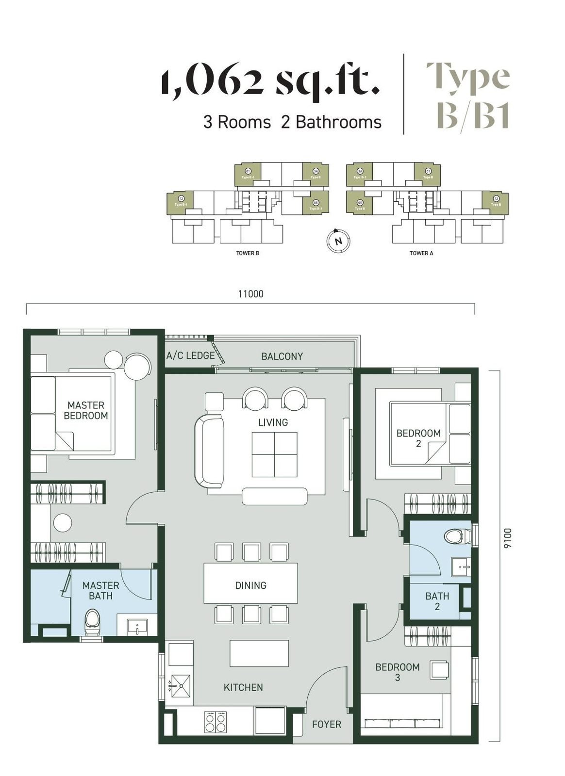 Aras Residences Type B / B1 floor plan, 1062 square feet, 3 rooms + 2 bathrooms