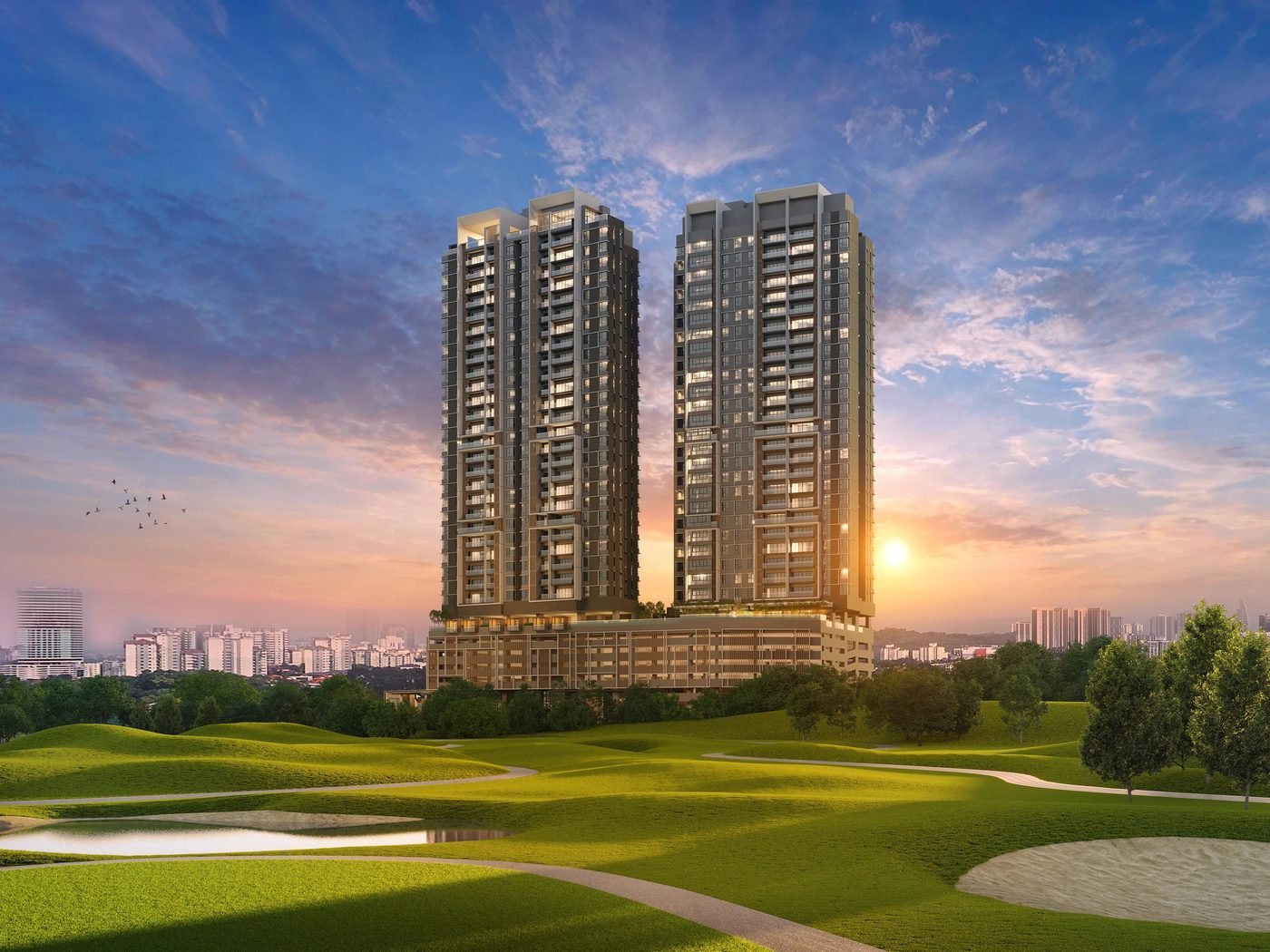 OAKA Residences facade & golf course render