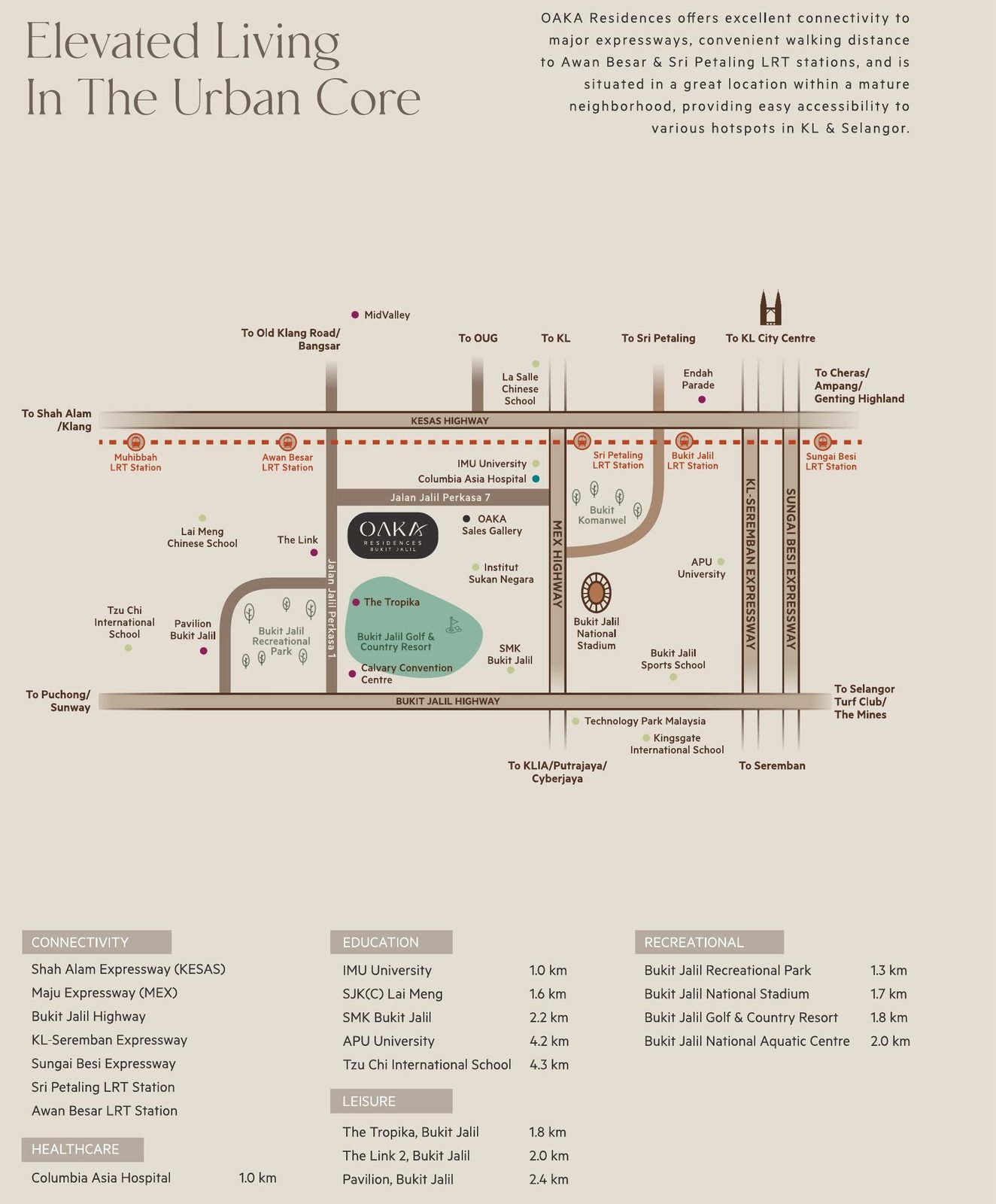 OAKA Residences location map and nearby places: schools, LRT, hospital and malls