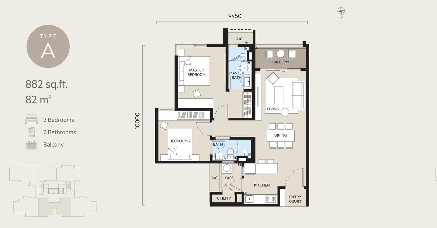 OAKA Residences Type A floor plan, 882 square feet, 2 bedrooms + 2 bathrooms, balcony