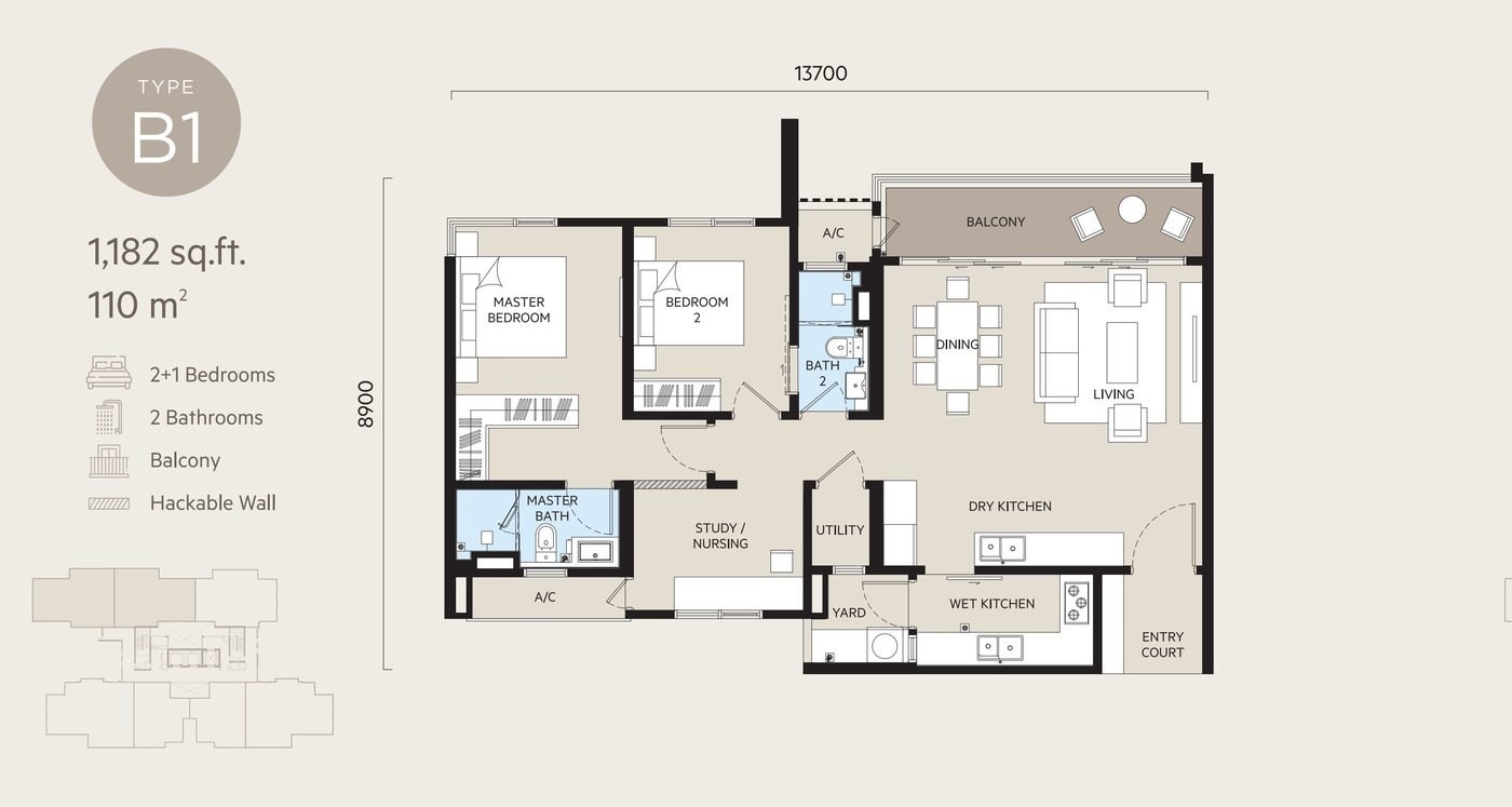 OAKA Residences Type B1 floor plan, 1182 square feet, 2+1 bedrooms + 2 bathrooms, balcony