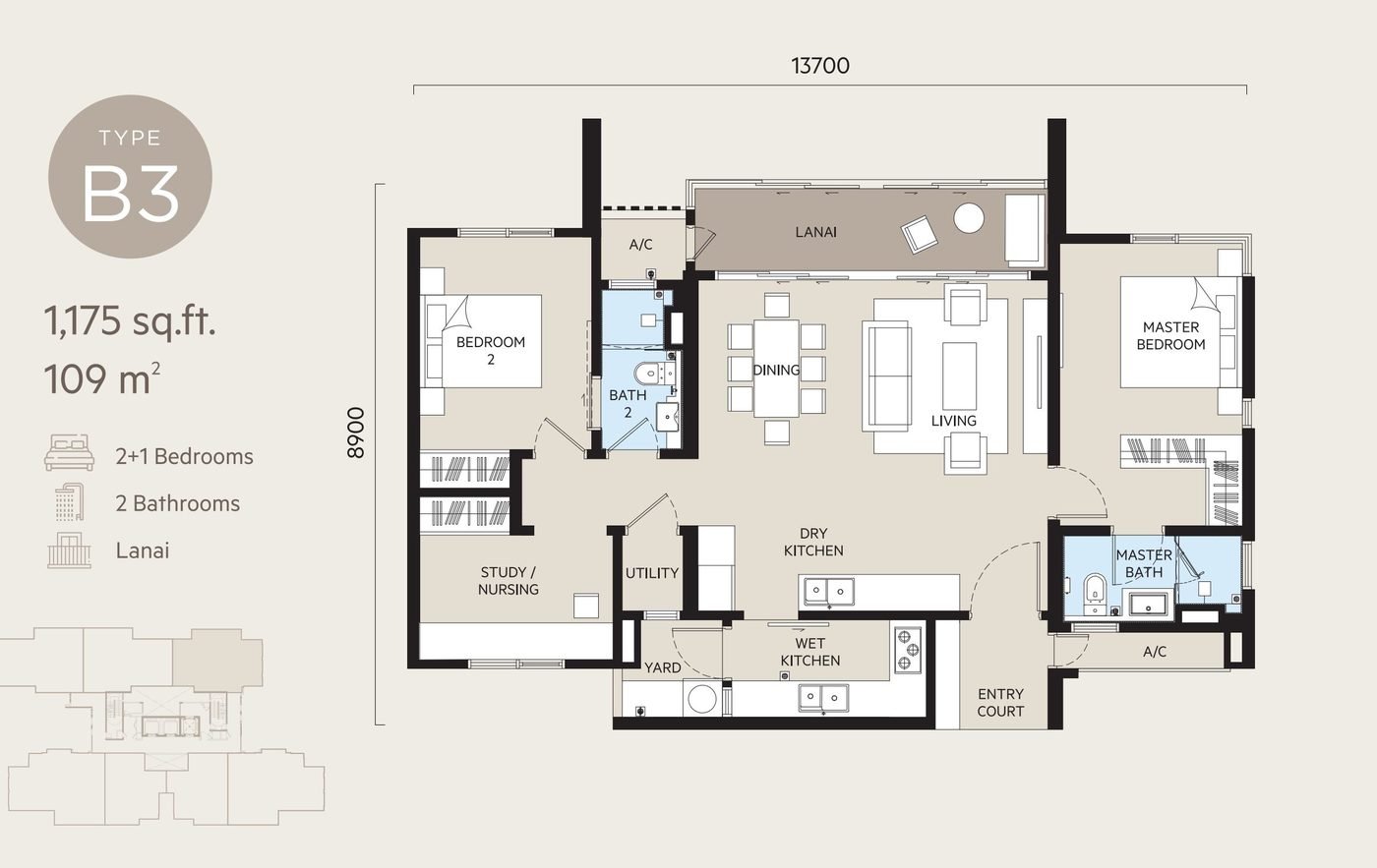 OAKA Residences Type B3 floor plan, 1175 square feet, 2+1 bedrooms + 2 bathrooms, lanai
