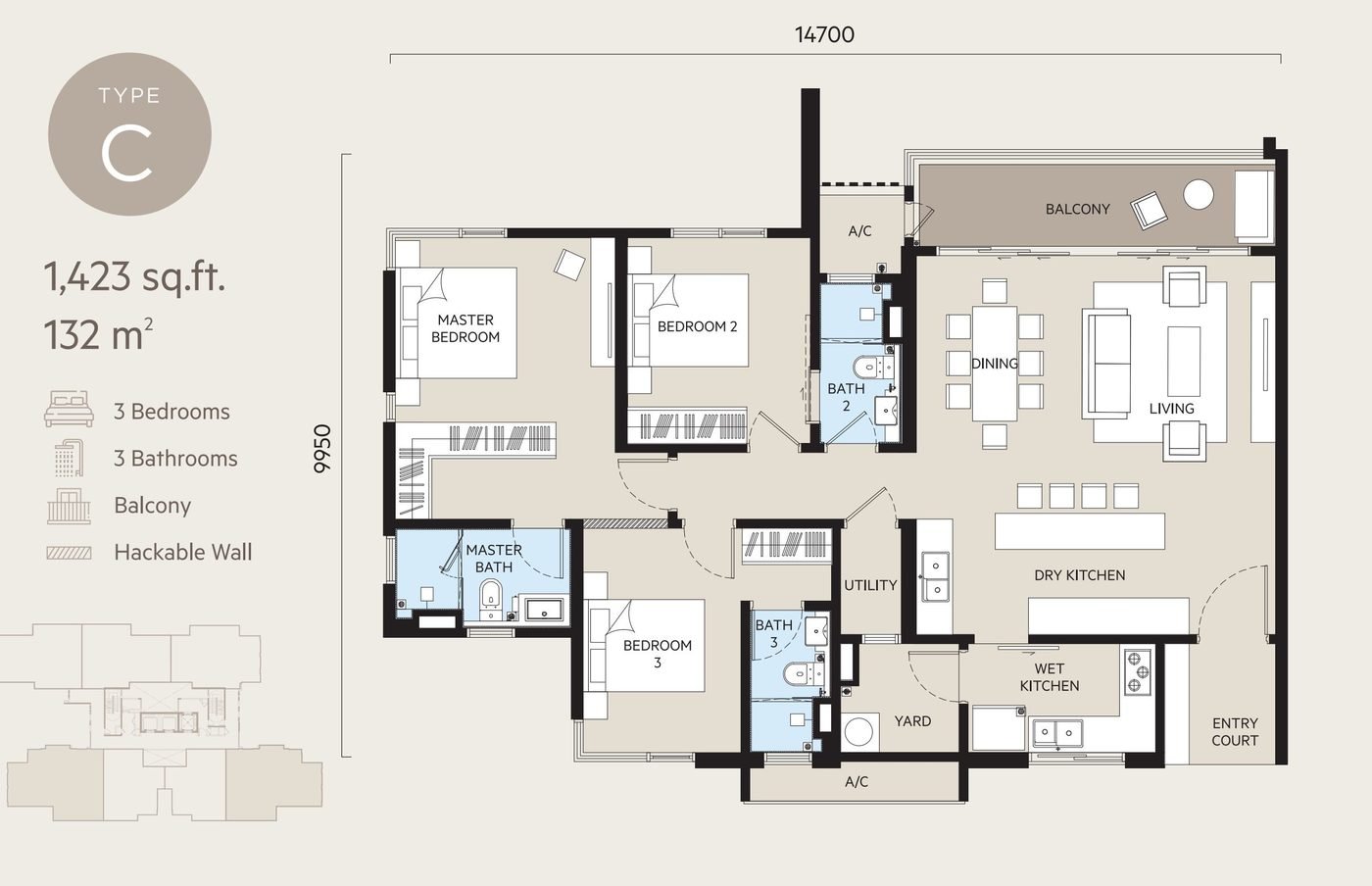 OAKA Residences Type C floor plan, 1423 square feet, 3 bedrooms + 3 bathrooms, balcony