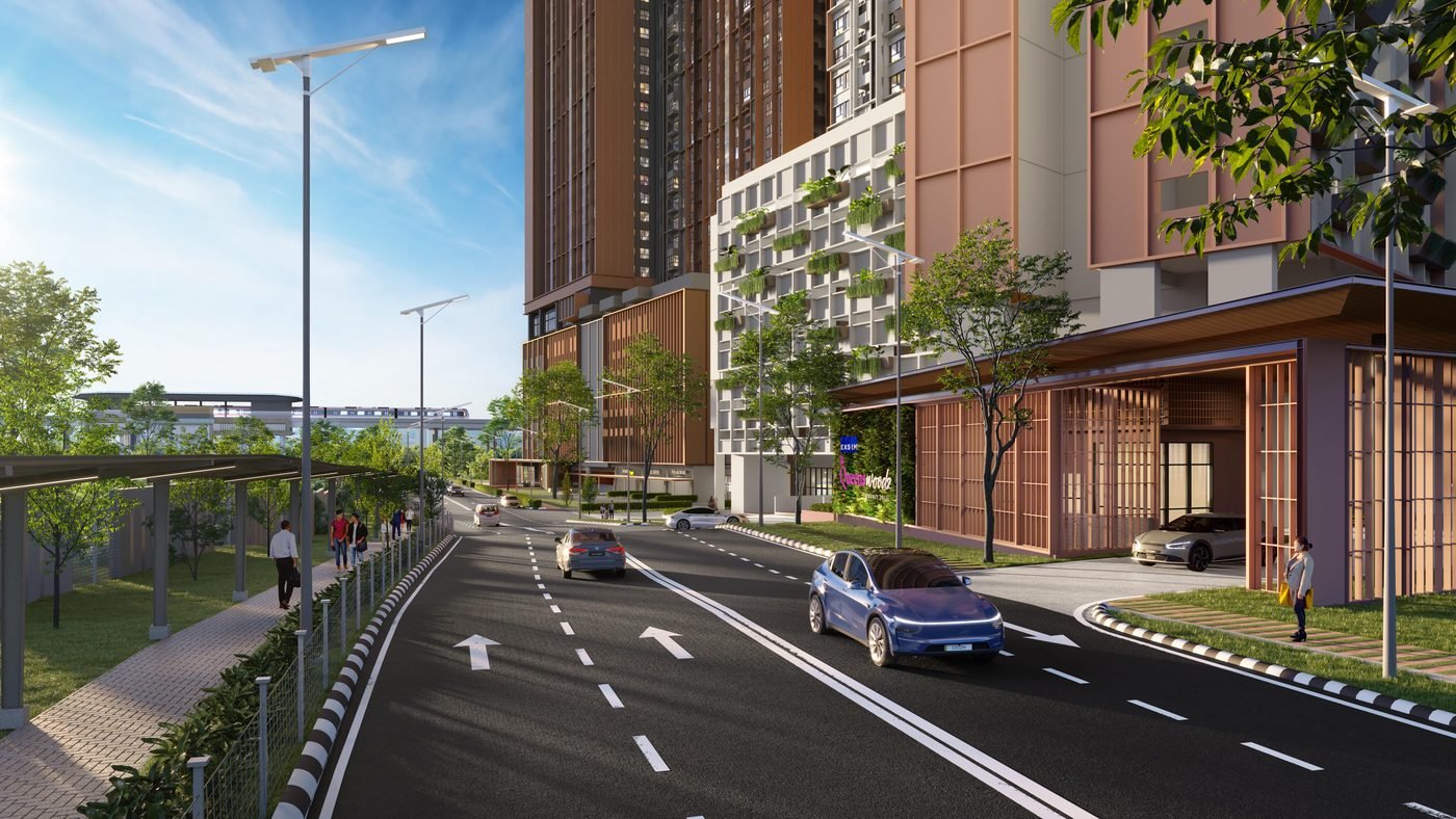 The Queenswoodz covered walkway to lrt station render