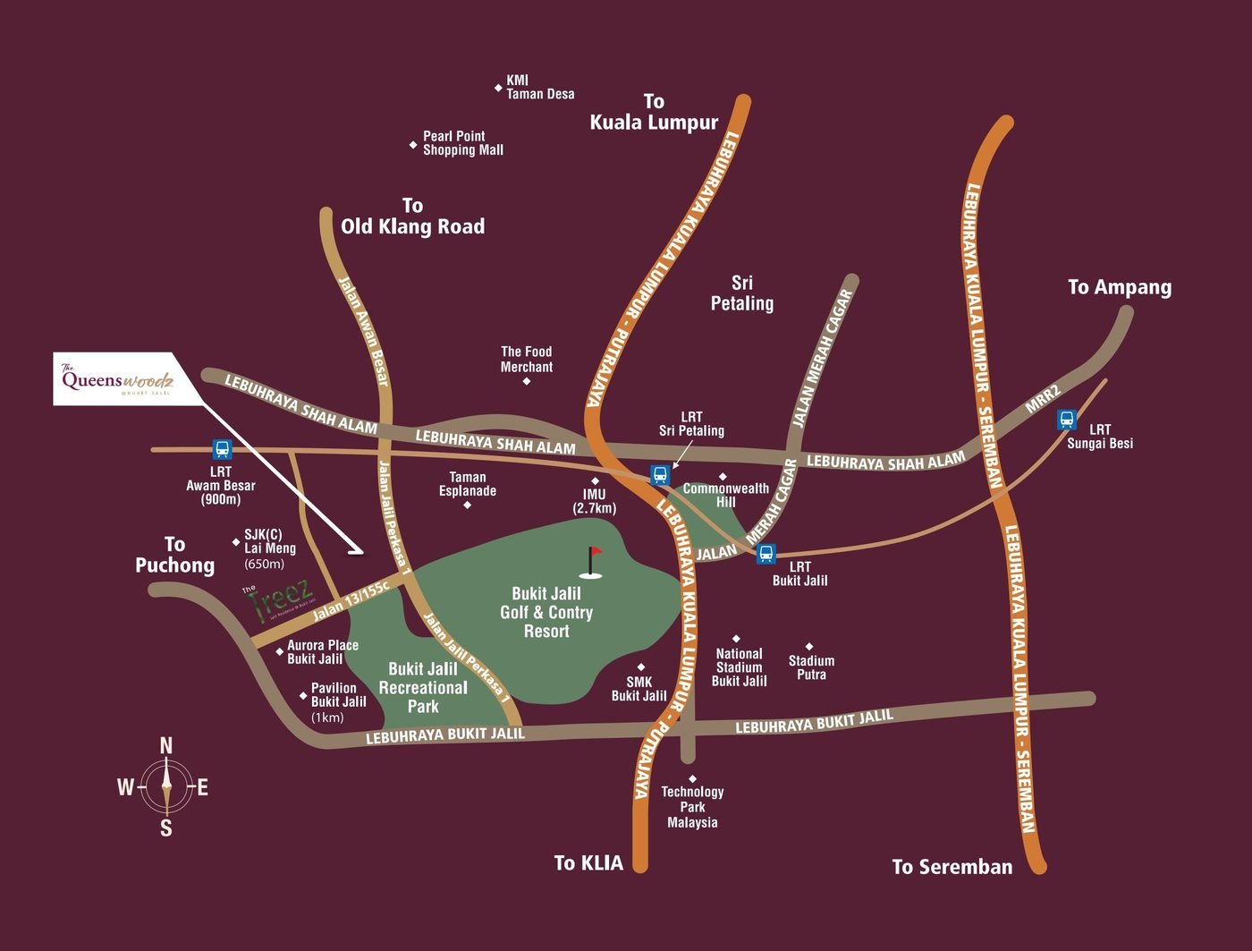 The Queenswoodz location map near LRT Awan Besar, Bukit Jalil Golf & Country Resort and Pavilion Bukit Jalil