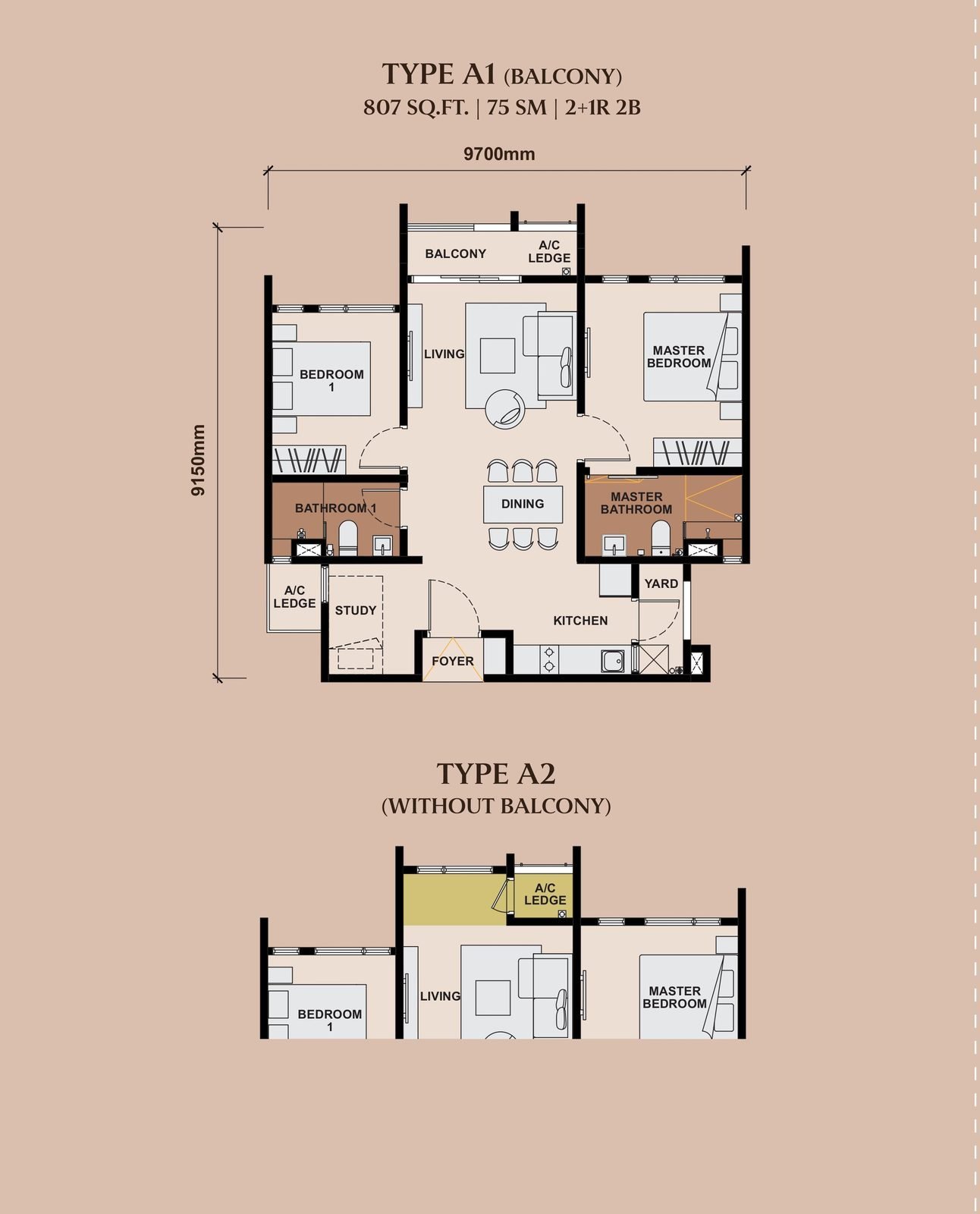 The Queenswoodz Type A1 / A2 floor plan, 807 square feet, 2+1 bedrooms + 2 bathrooms, with or without balcony