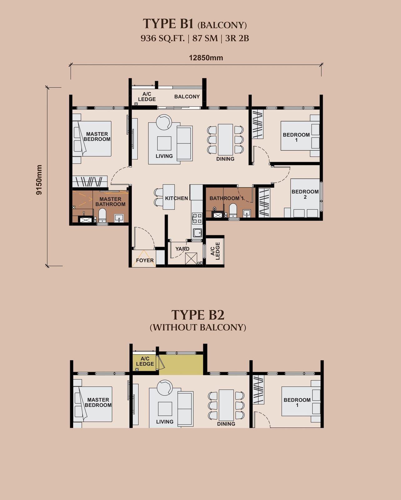 The Queenswoodz Type B1 / B2 floor plan, 936 square feet, 3 bedrooms + 2 bathrooms, with or without balcony