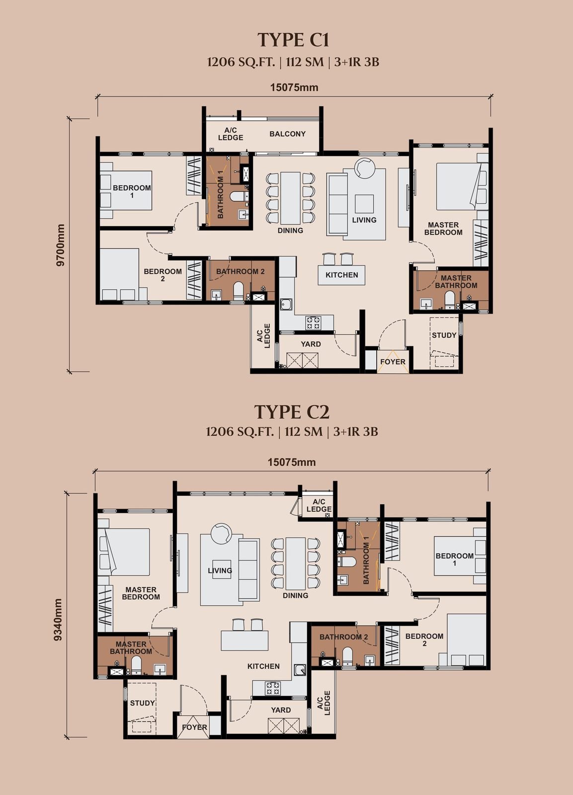 The Queenswoodz Type C1 / C2 floor plan, 1206 square feet, 3+1 bedrooms + 3 bathrooms