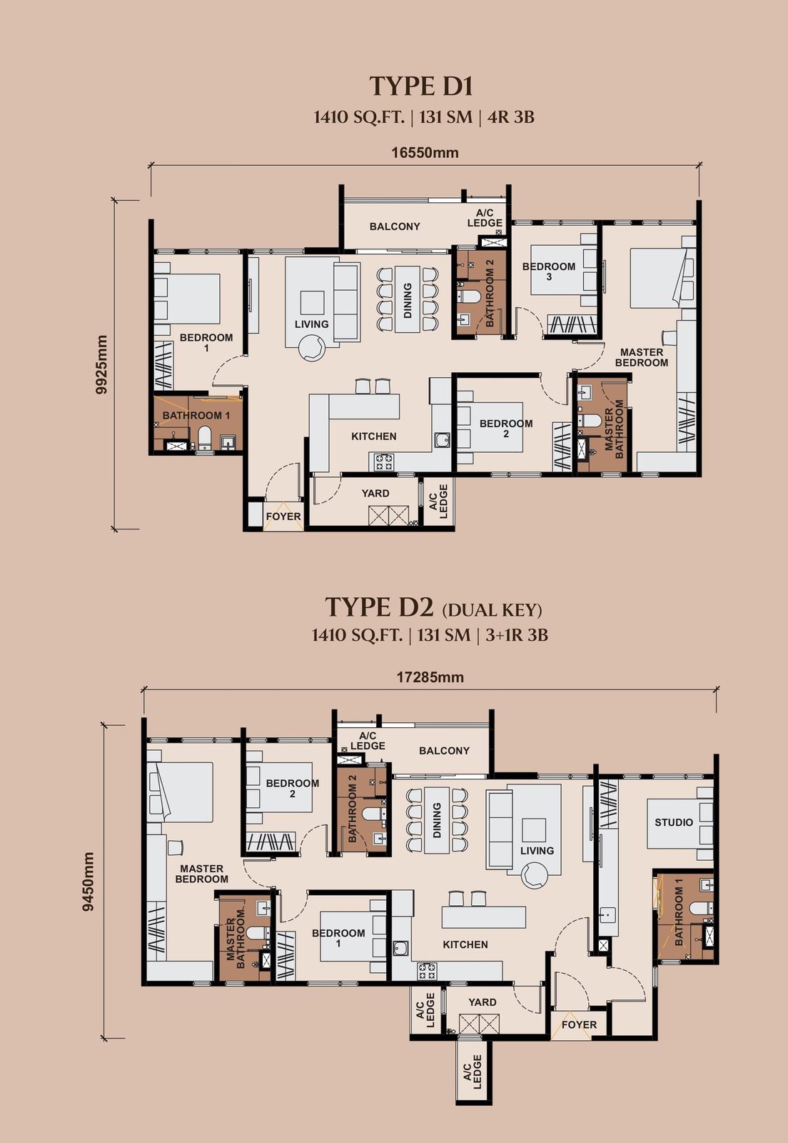 The Queenswoodz Type D1 / D2 floor plan, 1410 square feet, d1: 4 bedrooms + 3 bathrooms. d2 (dual key): 3+1 bedrooms + 3 bathrooms