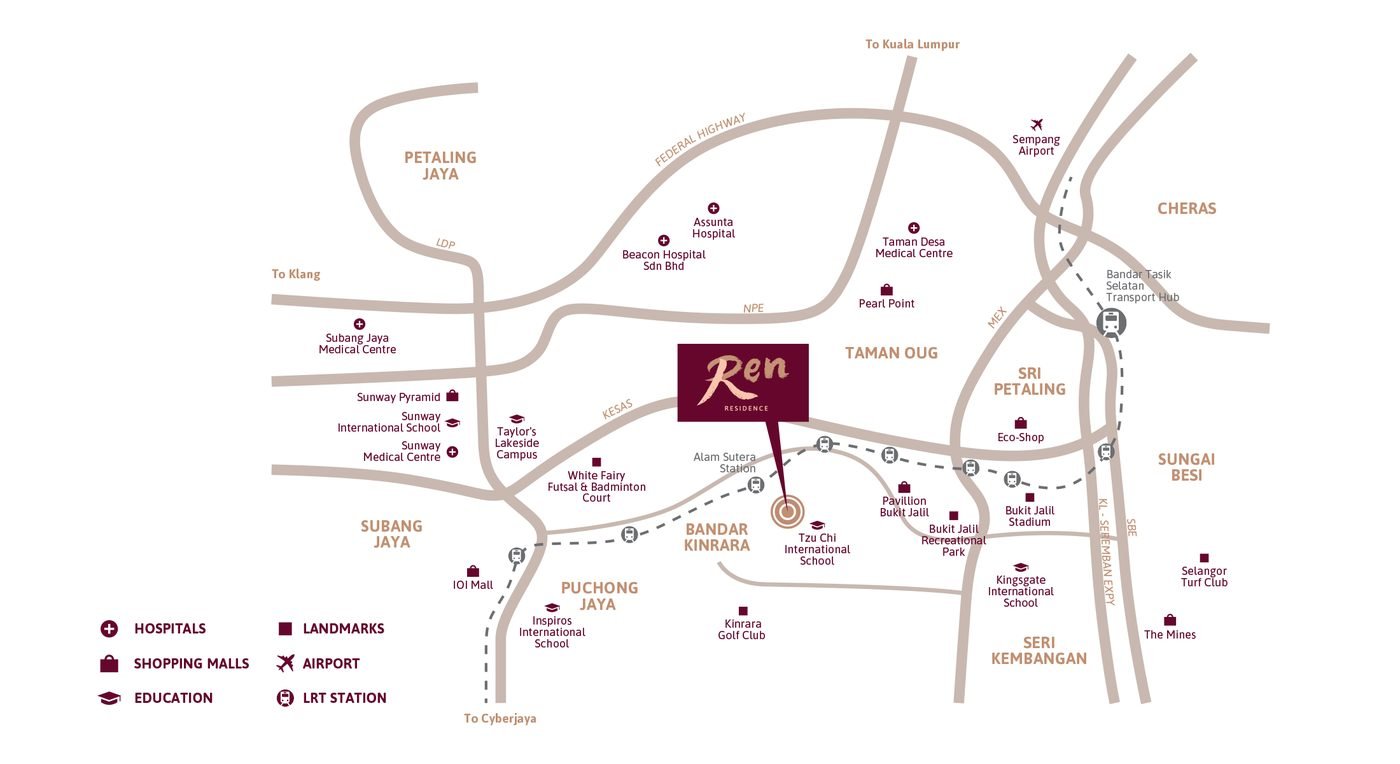 Ren Residence location map near Tzu Chi International School, Pavilion Bukit Jalil and LRT stations