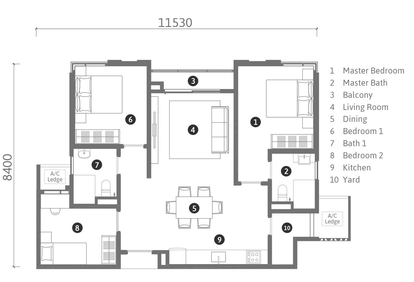 Ren Residence Type A floor plan, 920 square feet, 3 bedrooms + 2 bathrooms