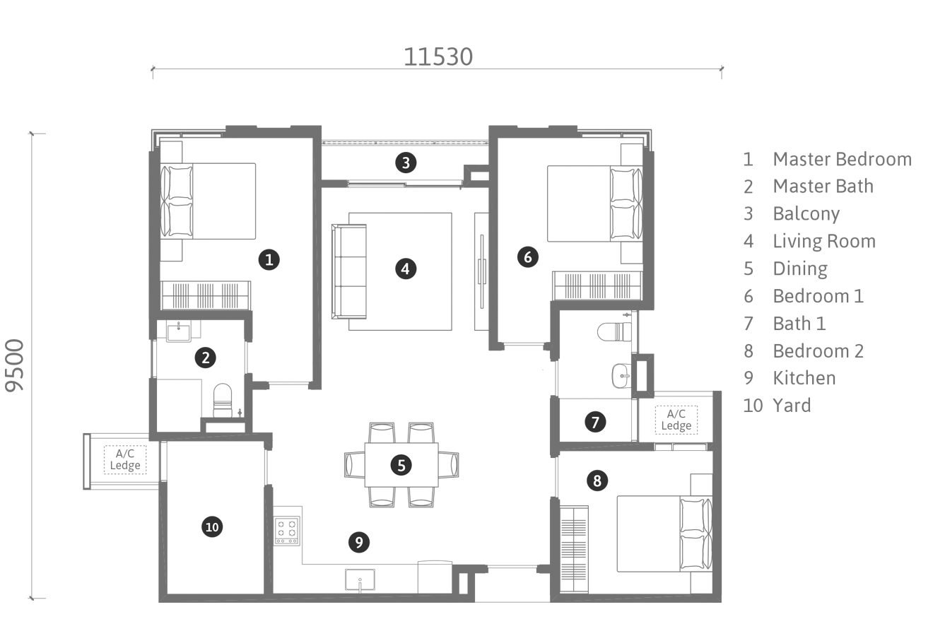 Ren Residence Type B1 floor plan, 1050 square feet, 3+1 bedrooms + 2 bathrooms