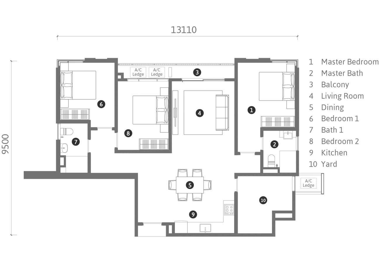 Ren Residence Type B2 floor plan, 1110 square feet, 3+1 bedrooms + 2 bathrooms