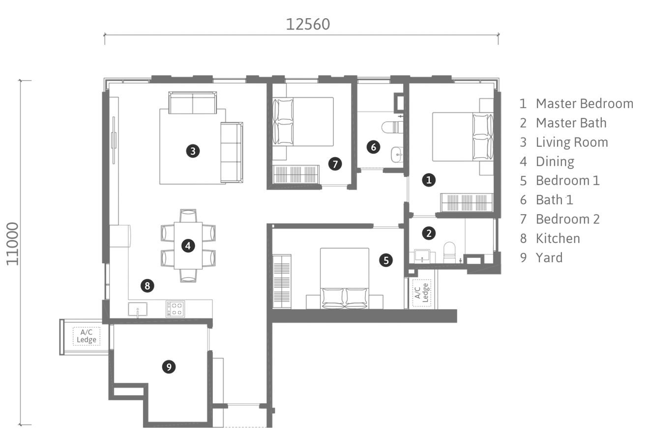 Ren Residence Type B3 floor plan, 1120 square feet, 3+1 bedrooms + 2 bathrooms