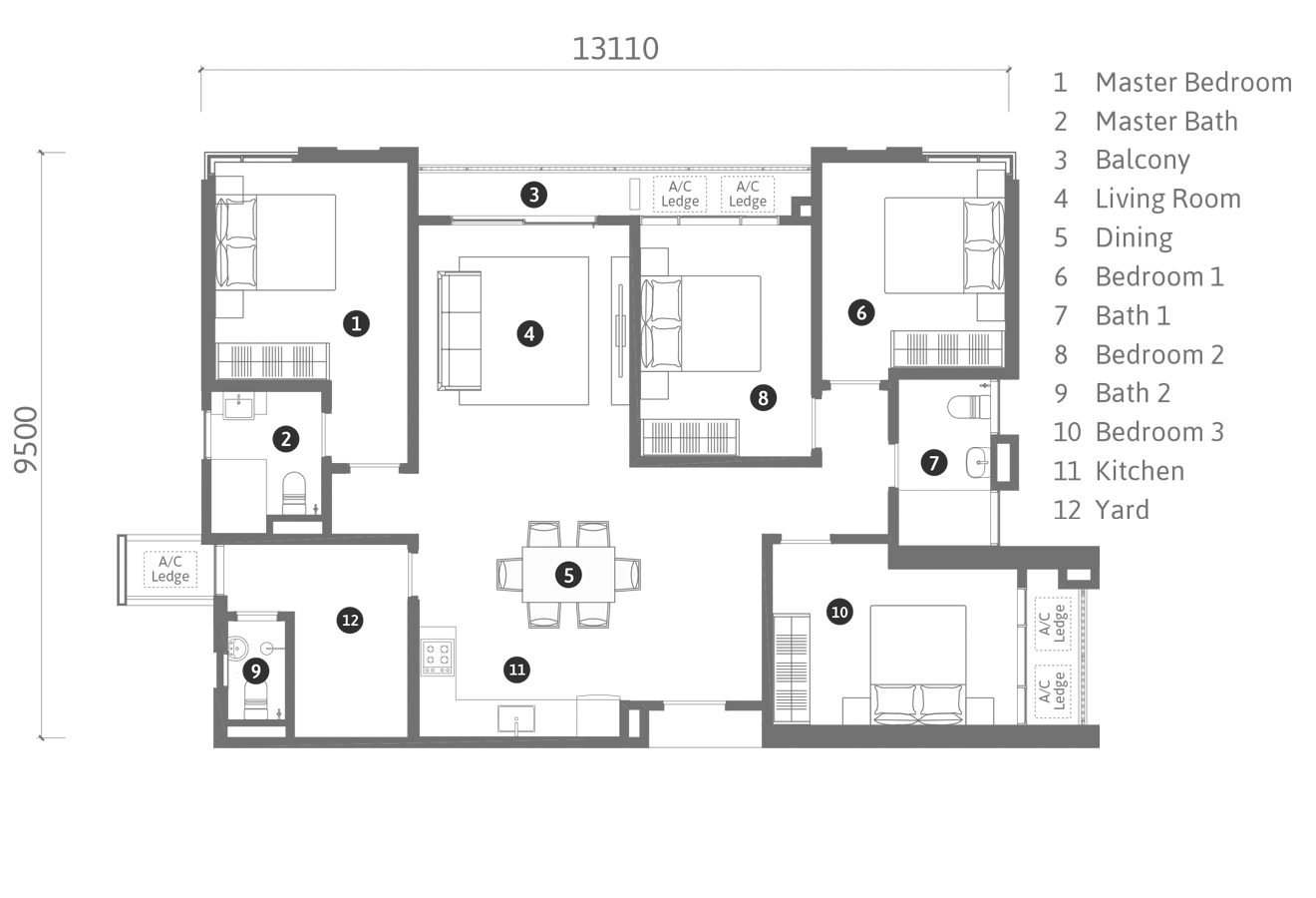 Ren Residence Type C floor plan, 1270 square feet, 4+1 bedrooms + 3 bathrooms