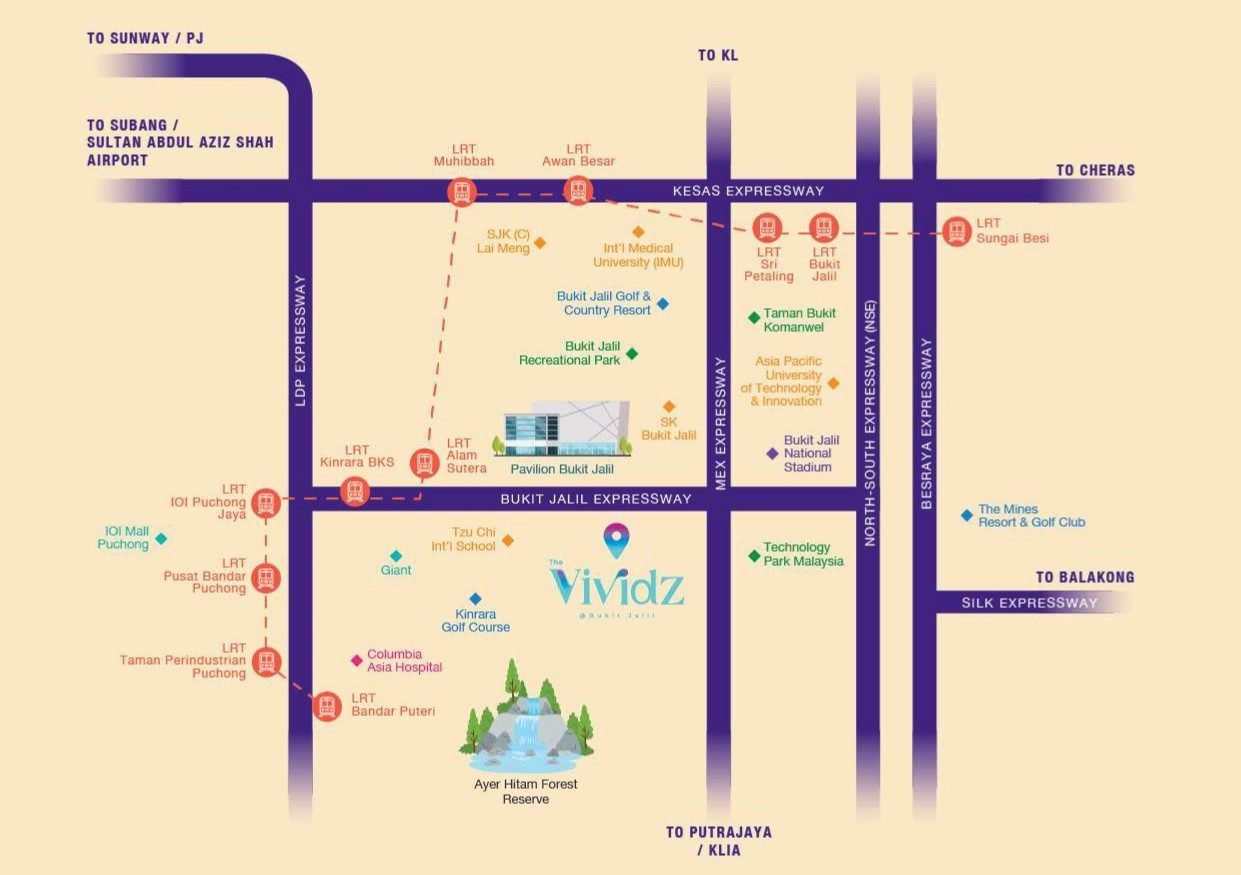 The Vividz location map near Pavilion Bukit Jalil, LRT stations and major expressways