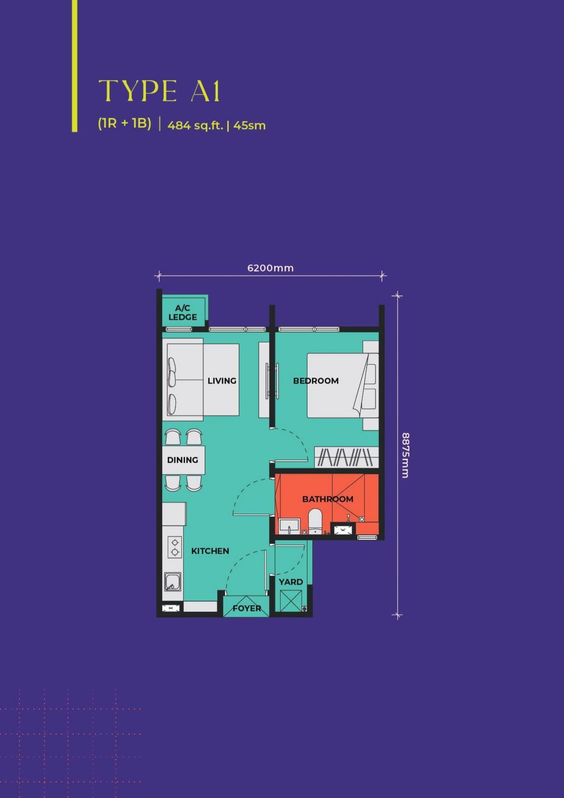 The Vividz Type A1 floor plan, 484 square feet, 1 bedroom + 1 bathroom
