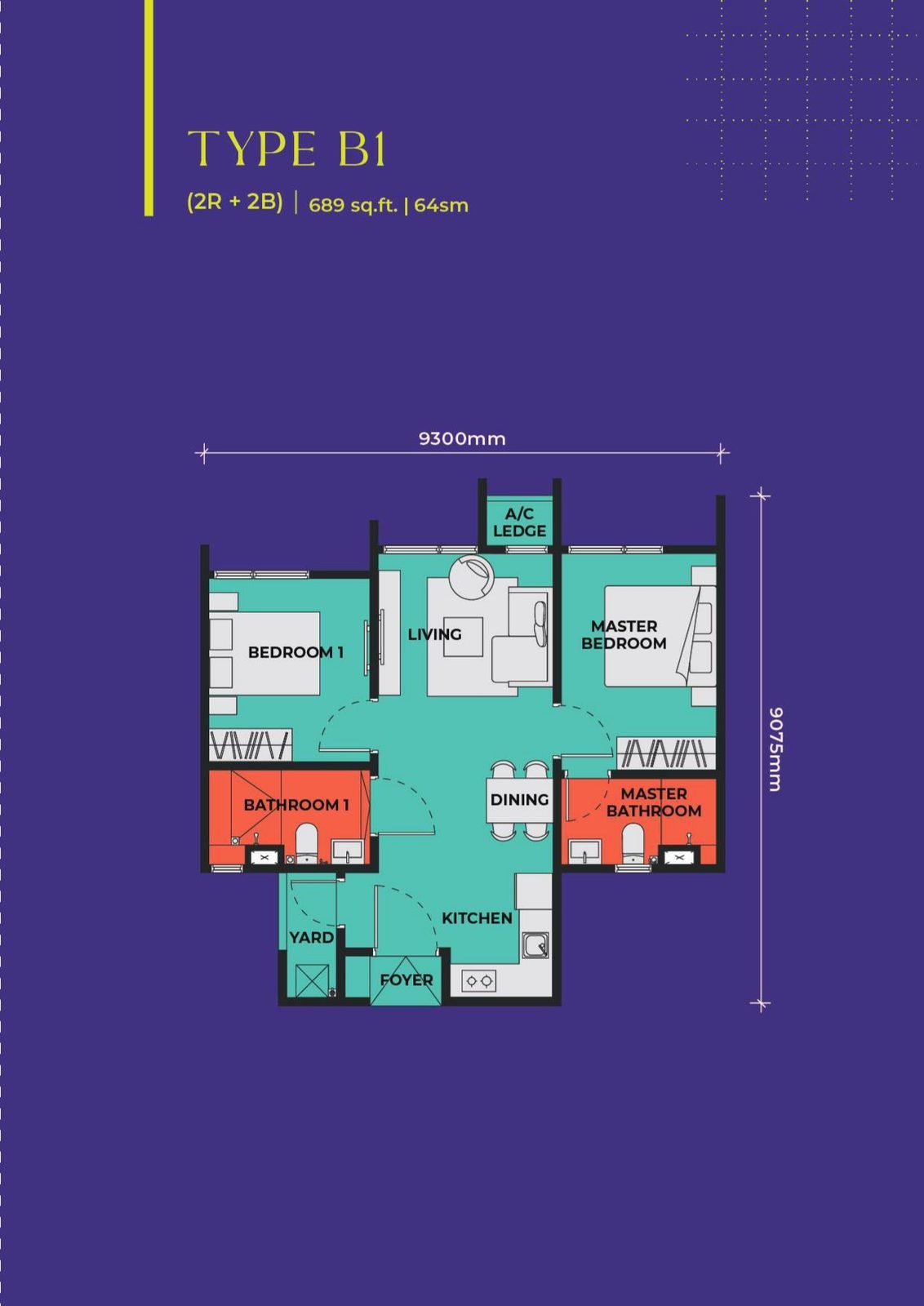 The Vividz Type B1 floor plan, 689 square feet, 2 bedrooms + 2 bathrooms