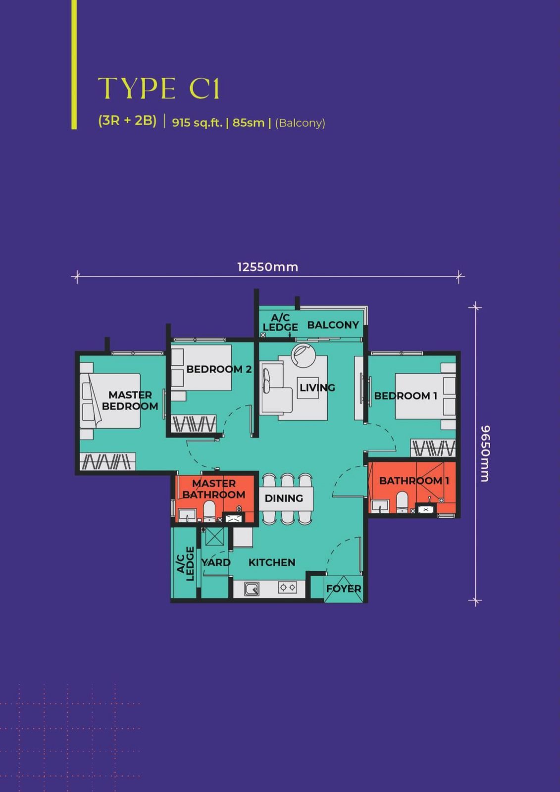 The Vividz Type C1 floor plan, 915 square feet, 3 bedrooms + 2 bathrooms, with balcony