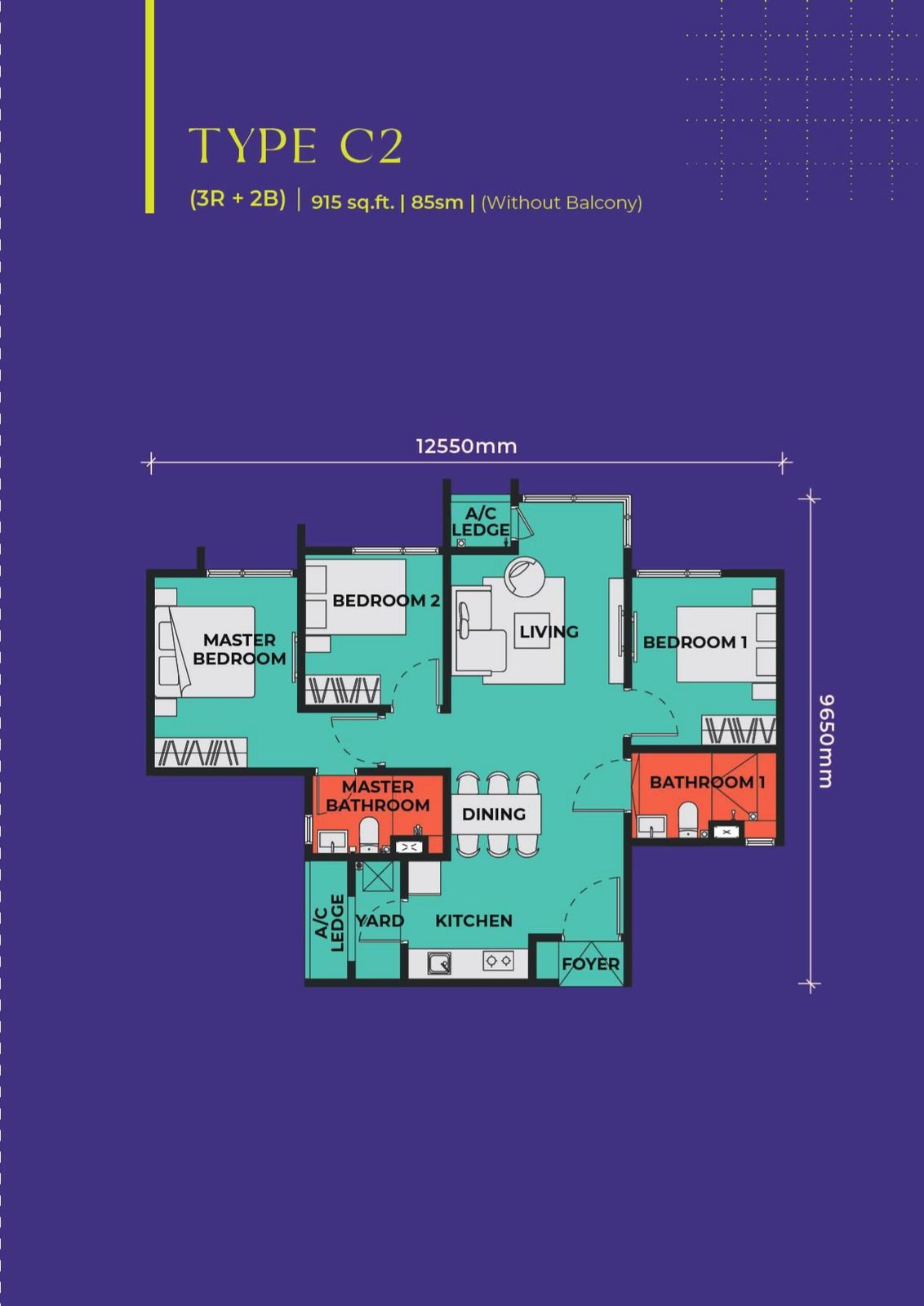 The Vividz Type C2 floor plan, 915 square feet, 3 bedrooms + 2 bathrooms, without balcony